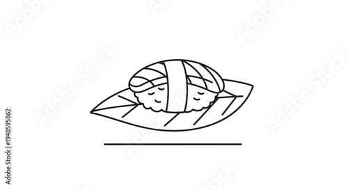 Simple Line Art Sushi Nigiri on Leaf Icon