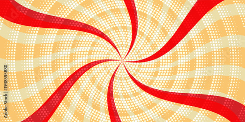 Retro red background with vintage circus sunburst. Psychedelic colorful swirl poster, abstract pattern in 70s carnival style. Hypnotic sunburst vector illustration.