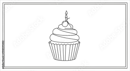 Simple line drawing of a cupcake with a cherry and a lit candle, isolated on white.