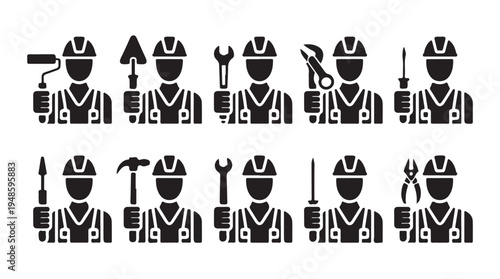 Professional worker avatars holding various manual tools for construction and repair vector