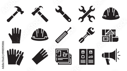 Assorted workshop tools and protective clothing icons for building and maintenance vector