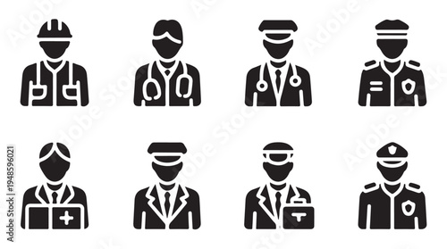 Professional avatar icons set with doctors, police officers and workers