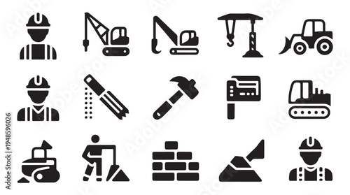 Construction equipment icons set with workers and safety gear on white background