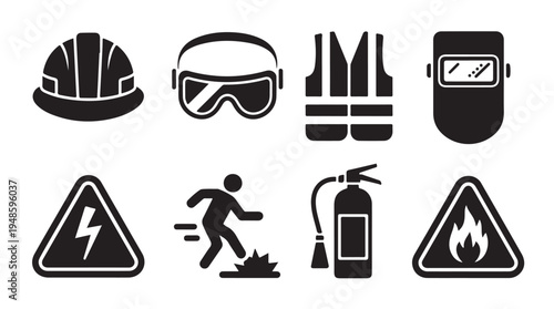 Construction safety equipment and hazard warning signs vector icons