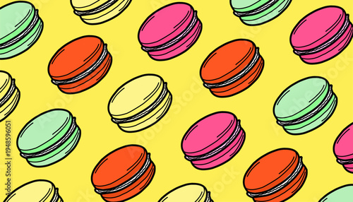 Macaron Seamless Pattern. French Dessert Illustration. Handdrawn Sweet Pastry. Repeating Bakery Background. Decorative Packaging Textile Design.