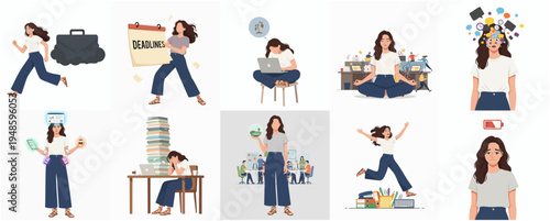 Flat Style Depicting Various Emotional States of Working Woman Illustration Set