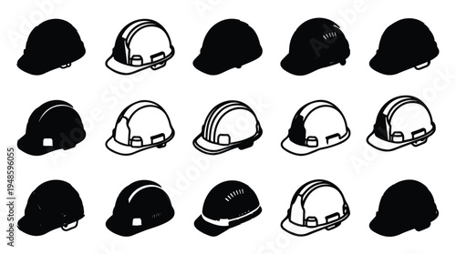 Safety helmet icons set featuring various industrial head protection silhouettes for design