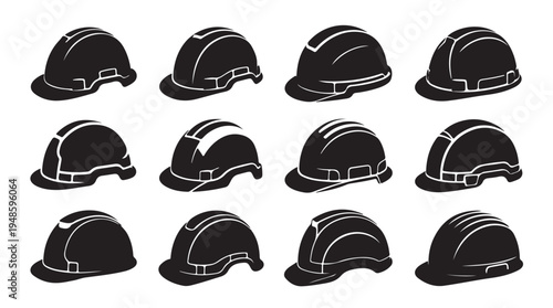 Protective construction helmets set showing different industrial hard hat shapes and designs