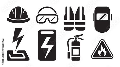Industrial safety icons set including hard hat goggles vest welding mask and fire equipment