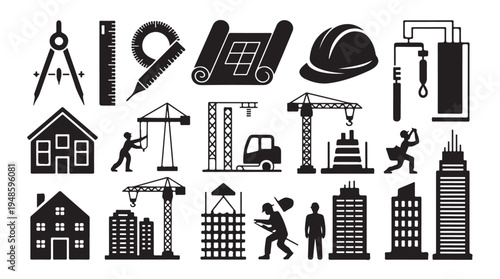 Construction and architecture icons set including building, tools, and workers on white background