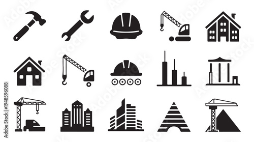 Construction tools and building icons set including crane, hammer, wrench, and helmet