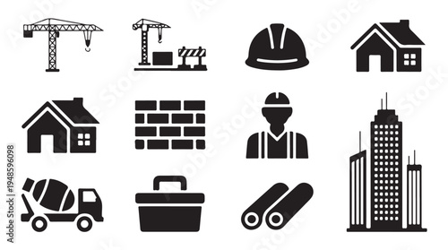 Construction site and building materials icons set including crane, house, and brick wall