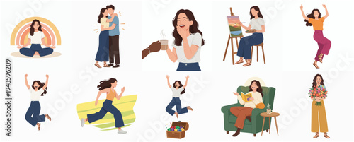 Artistic Flat Style Diverse Woman Various Activity Lifestyle Illustration Set