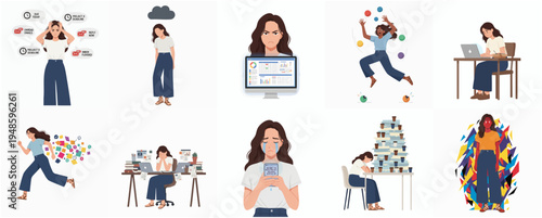 Modern Flat Illustration Style Woman Expressions in Various Activities and Emotions