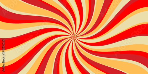 Retro red background with vintage circus sunburst. Psychedelic colorful swirl poster, abstract pattern in 70s carnival style. Hypnotic sunburst vector illustration.