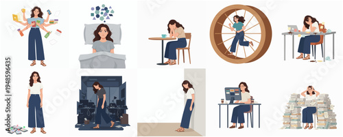 Flat Illustration Set of Burnout and Stress Woman Working from Home