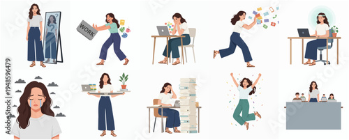 Flat Illustration of Woman Experiences and Emotions Working From Home Lifestyle