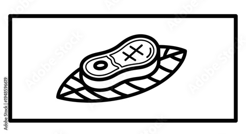 Raw Steak on Leaf: Minimalist Line Art Icon for Food and Grilling