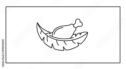 Roasted Chicken Leg on Banana Leaf, Hand-Drawn Style