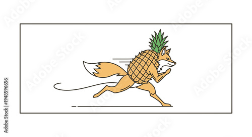 Running Fox with Pineapple Body and Green Top - Surreal Animal Illustration