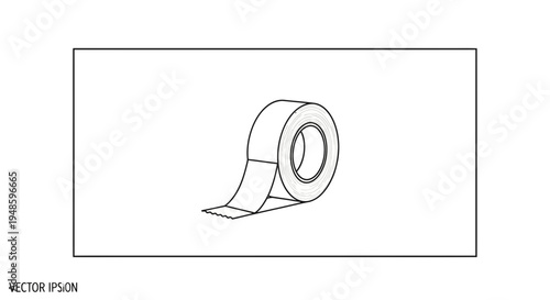 Roll of Adhesive Tape Unrolling on White Background, Simple Line Art Illustration
