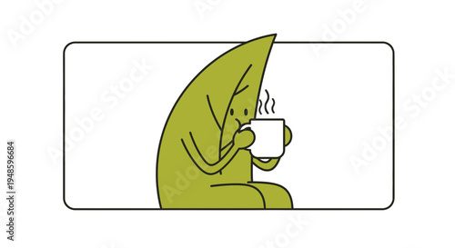 Sad green leaf character holding a hot cup of tea, feeling cold and lonely