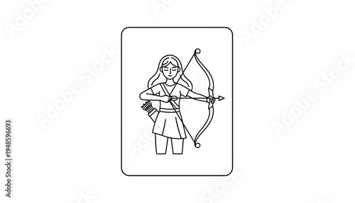 Sagittarius Zodiac Sign Woman Archer Aiming Bow and Arrow, Line Art Icon
