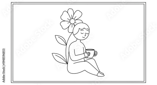 Person enjoying a peaceful moment with a flower and a cup of tea, line art illustration.