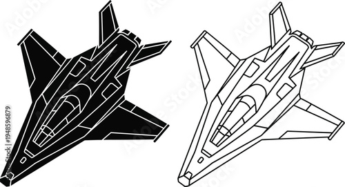 Modern Fighter Jet Icon Silhouette and Line Art Vector