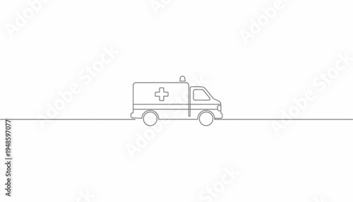 Minimalist Ambulance Line Art Icon on White Background, Medical Emergency Vehicle