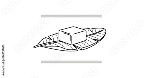 Minimalist black and white illustration of a cube on a banana leaf, framed by lines