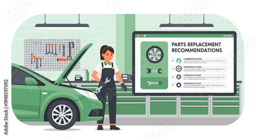 Female Mechanic Inspecting Car with Digital Dashboard Display.