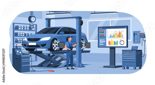 Mechanic Inspecting Car on Hydraulic Lift with Diagnostic Computer.
