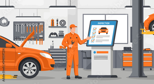 Mechanic Interacting With Digital Diagnostic Screen.