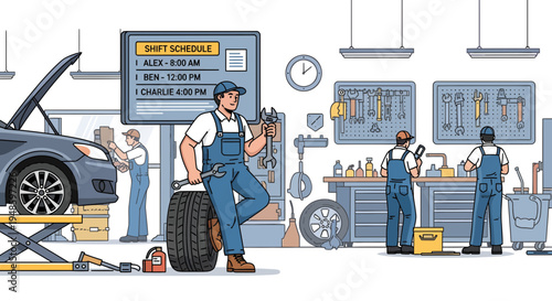 Mechanic standing next to car tire in garage.