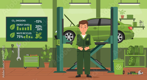 Mechanic Standing Proudly in EcoFriendly Auto Repair Shop.