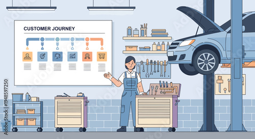 Mechanic working in auto repair shop with car on lift.