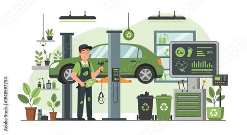 Mechanic working on a car in a modern workshop.