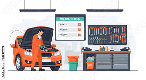 Mechanic working on car engine in garage with tools.