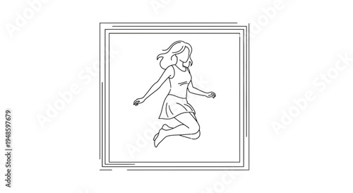 Joyful Woman Jumping in Air, Freedom and Happiness, Line Art Illustration