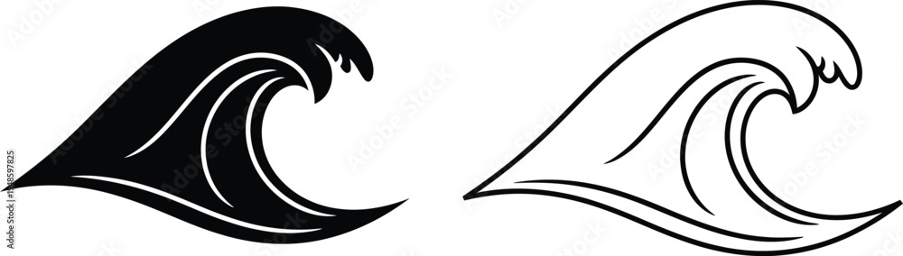 Obraz premium Ocean Wave Icon Set Black and White Vector Graphic Vector