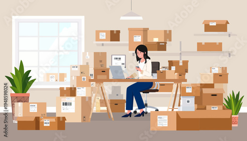 Woman Working From Home Managing Online Store Inventory and Shipping Deliveries Surrounded by Cardboard Boxes
