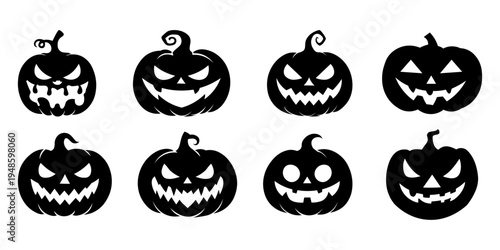 Set of Spooky Halloween Jack O Lantern Pumpkin Faces Silhouette – Scary Carved Pumpkin Character Collection Vector Isolated on Transparent White Background