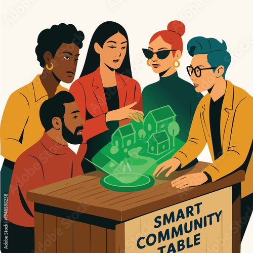 Diverse people viewing neighborhood hologram on smart community table