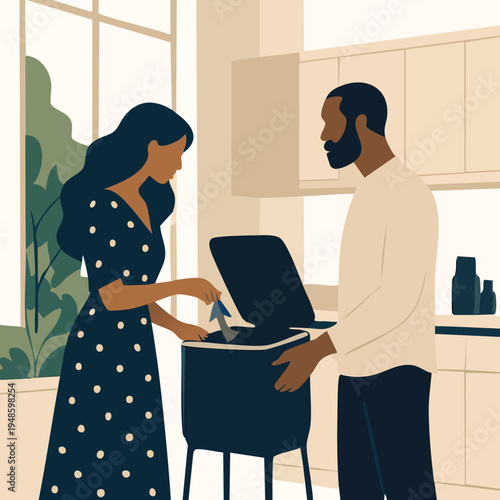 Diverse couple composting food waste in modern sustainable kitchen