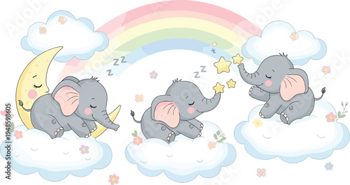 Kawaii Baby Elephant Vector Set Sleeping on Clouds with Moon and Rainbow, Cute Chibi Nursery Illustrations for Dreamy Children Designs and Baby Shower Decor
