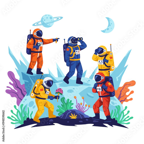 Astronauts explore alien planet, discover flora, observe space