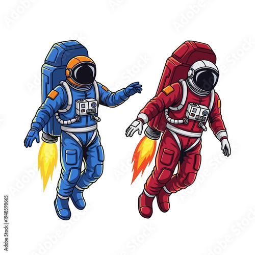 Astronauts with Jetpacks Flying in Space, Sci-Fi Adventure