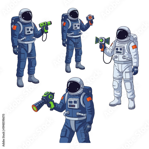 Astronauts with futuristic weapons in space suits, pixel art style