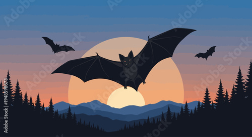 Bats Flying at Sunset Over Mountains and Forest